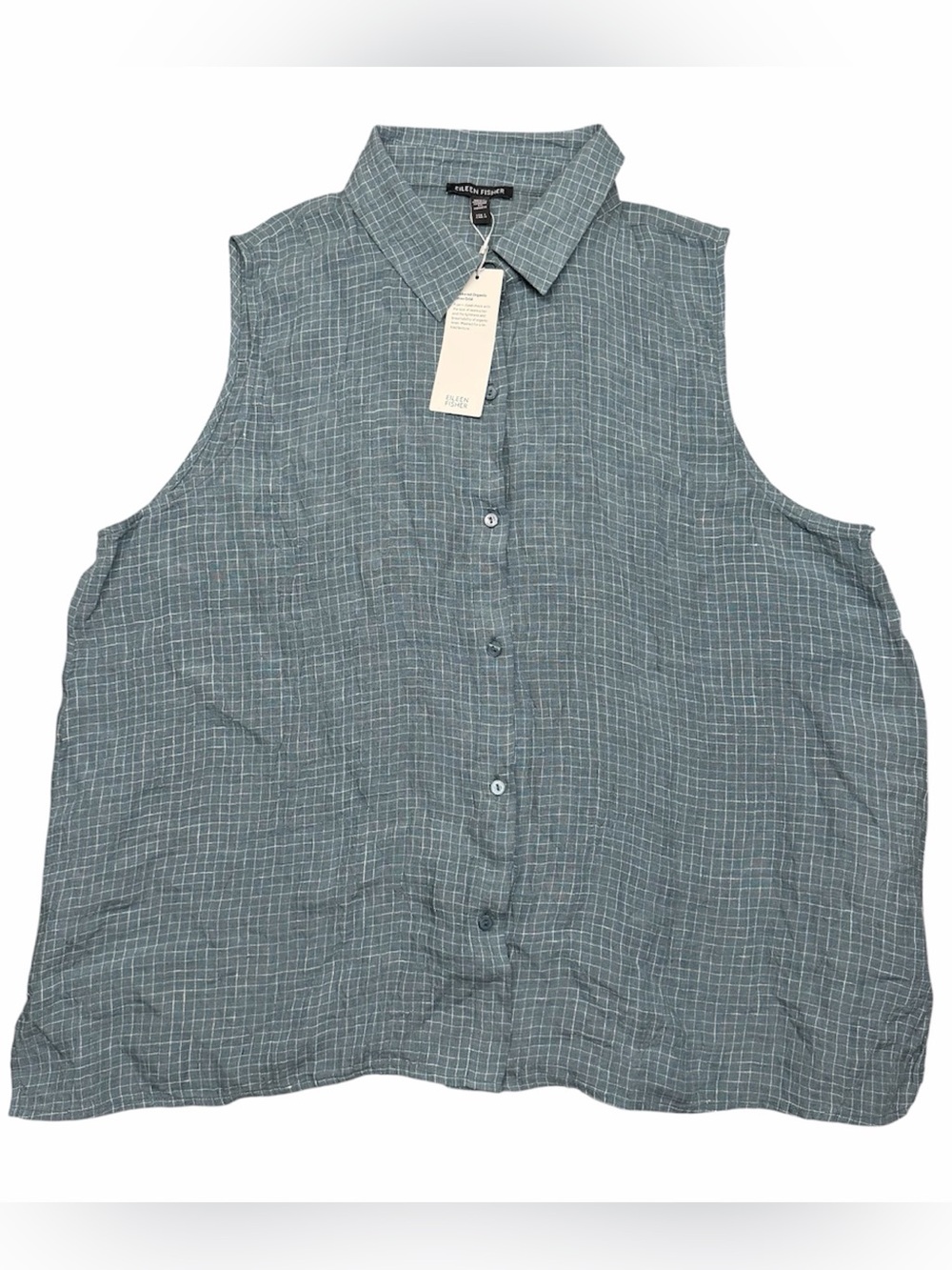 Eileen Fisher Puckered Organic Linen Grid Sleeveless Shirt - Picture 2 of 4